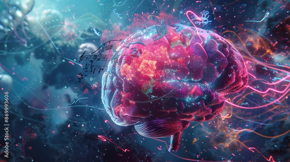 A futuristic concept art showing a brain with holographic projections of complex equations A futuristic concept art showing a brain with holographic projections of complex equations