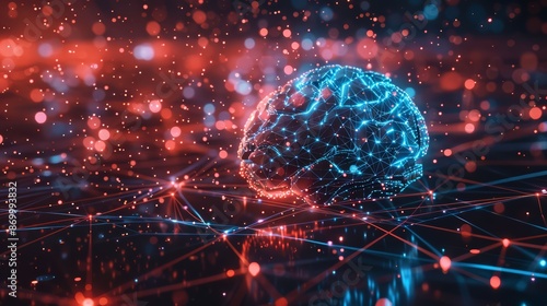 A futuristic concept showing a digital brain made of interconnected nodes and neural networks