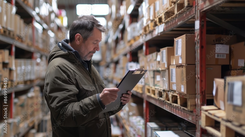 A man is looking at a clipboard in a warehouse A man is looking at a clipboard in a warehouse