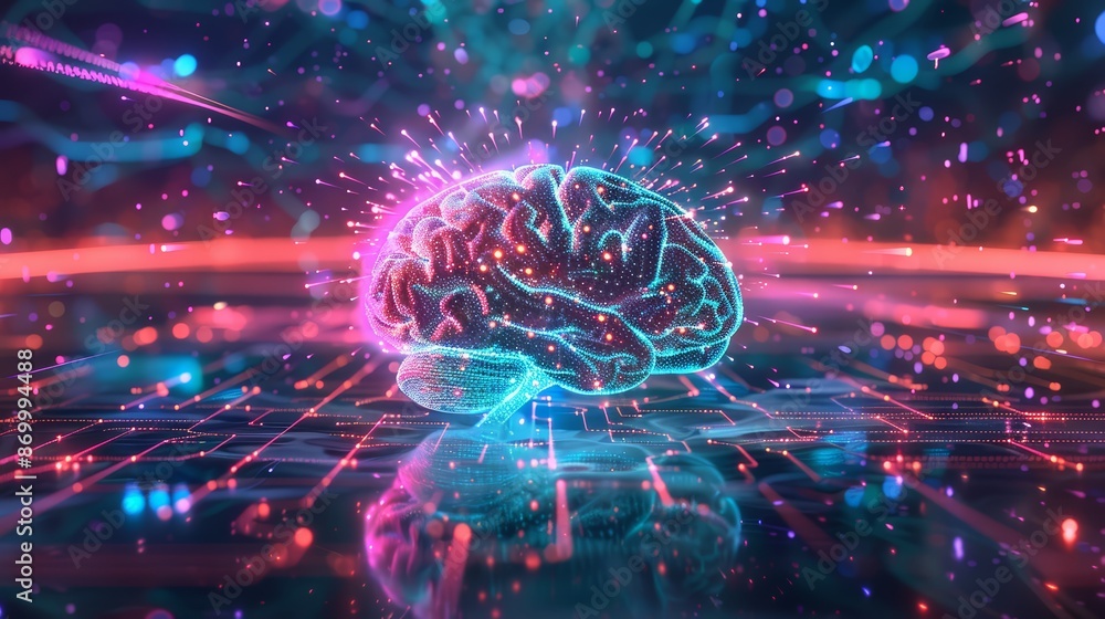 A futuristic illustration of a brain with circuits and colorful light beams radiating out A futuristic illustration of a brain with circuits and colorful light beams radiating out