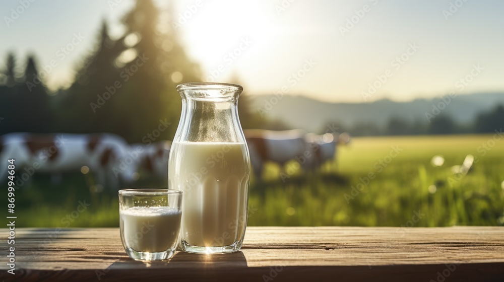Pastoral charm abounds as a gentle cow grazes in lush meadow, accompanied by milk bottle and glass, an evocative portrayal of countryside serenity and wholesome dairy delights Pastoral charm abounds as a gentle cow grazes in lush meadow, accompanied by milk bottle and glass, an evocative portrayal of countryside serenity and wholesome dairy delights