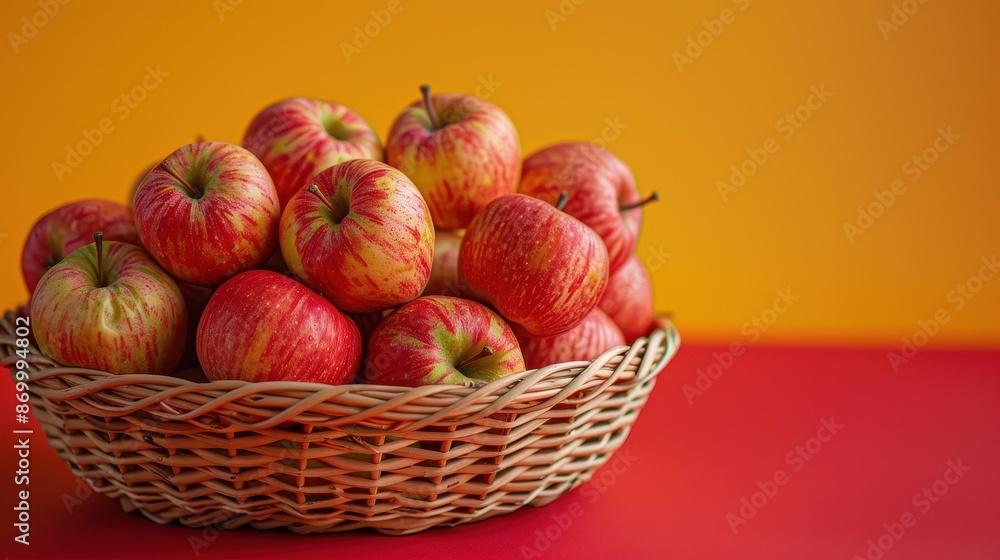 A basket full of red apples placed on a red surface against an orange background, highlighting their freshness and vibrant color. A basket full of red apples placed on a red surface against an orange background, highlighting their freshness and vibrant color.