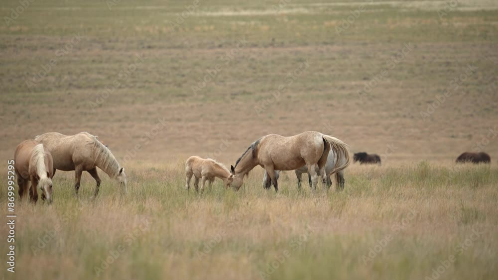 Fowl grazing with other wild horses in the Utah desert along the pony express trail. Fowl grazing with other wild horses in the Utah desert along the pony express trail.