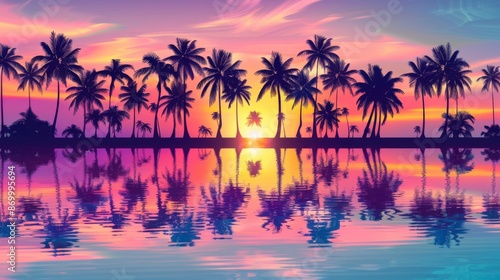 A vivid sunset captured with palm trees silhouetted against a radiant sky, their reflections shimmering on the water, evoking a sense of peace and tropical allure.