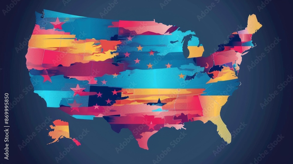 Obraz premium A dynamic, patriotic-themed map of the USA featuring vibrant colors, stars, and stripes, merging national symbols with a contemporary artistic style to evoke pride and unity.