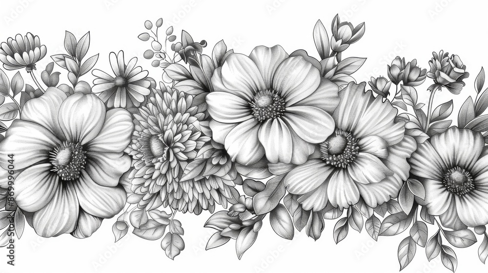 A grayscale drawing capturing a realistic arrangement of various blooming flowers, with detailed shading and textures, offering a classic and sophisticated artistic depiction of nature. A grayscale drawing capturing a realistic arrangement of various blooming flowers, with detailed shading and textures, offering a classic and sophisticated artistic depiction of nature.