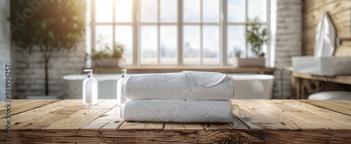 Folded White Towels on Wooden Countertop in Bathroom With Plant and Bottles