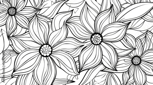 Wallpaper Mural Ornamental illustration featuring different large flowers with detailed leaves and intricate patterns, suitable for coloring activities or decorative purposes. Torontodigital.ca