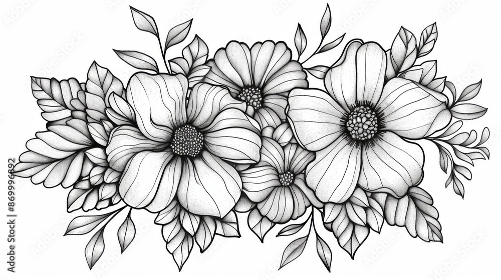 This black and white floral drawing displays an array of various flowers in bloom, capturing the intricate details and delicate beauty of each petal and leaf in the composition. This black and white floral drawing displays an array of various flowers in bloom, capturing the intricate details and delicate beauty of each petal and leaf in the composition.