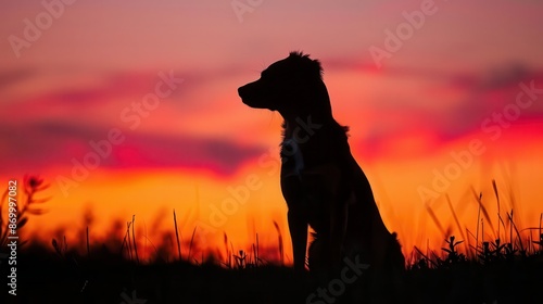 silhouette of a dog against a vibrant sunset sky warm oranges and pinks paint the horizon creating a serene and emotional scene of companionship and nature © furyon