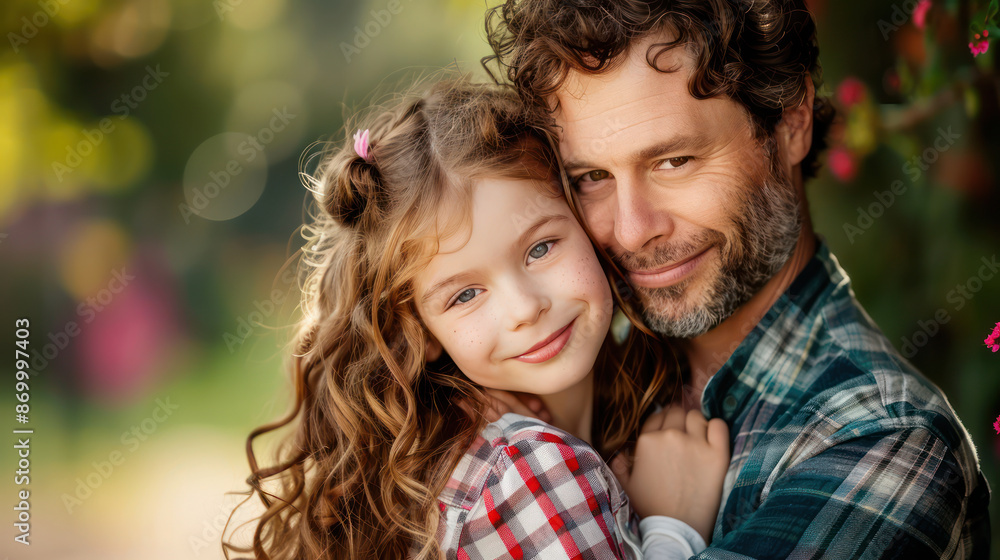 Fototapeta premium Tender Father's Day Moment Dad and Daughter Share a Warm Embrace, Celebrating the Unbreakable Bond of Love and Family Capture the Essence of Fatherhood and the Special Connection Between a Father and