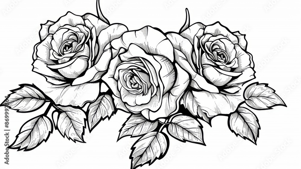 custom made wallpaper toronto digitalA detailed black and white illustration of three roses accompanied by lush leaves. The meticulous design captures the essence of beauty and is ideal for artistic projects.