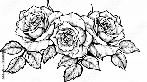 Wallpaper Mural A detailed black and white illustration of three roses accompanied by lush leaves. The meticulous design captures the essence of beauty and is ideal for artistic projects. Torontodigital.ca