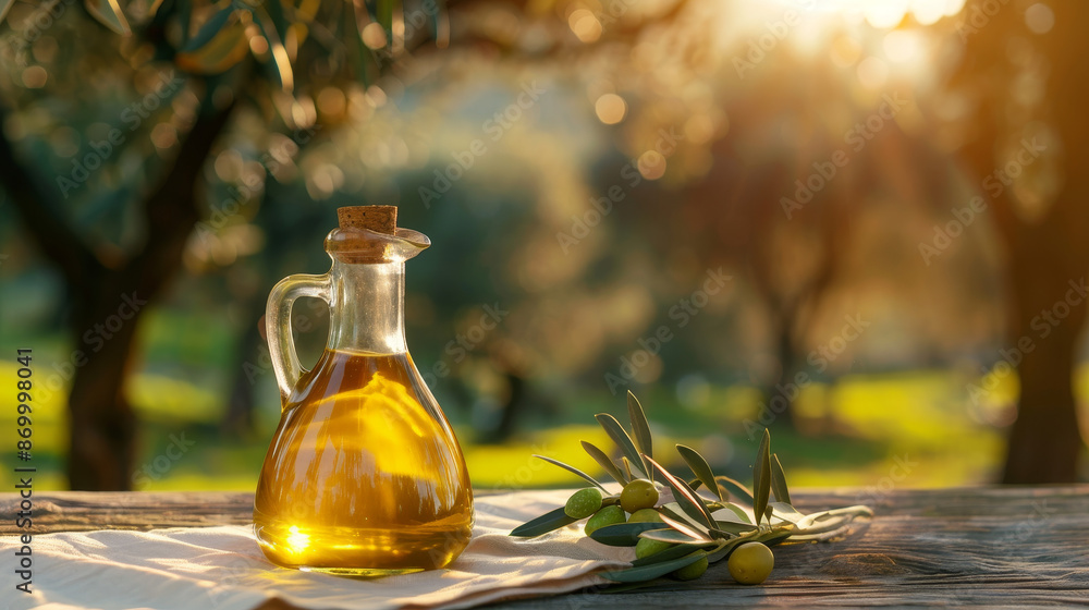 Extra virgin olive oil and olive branch in the bottle on the table with linen tablecloth in the olive grove. Extra virgin olive oil and olive branch in the bottle on the table with linen tablecloth in the olive grove.