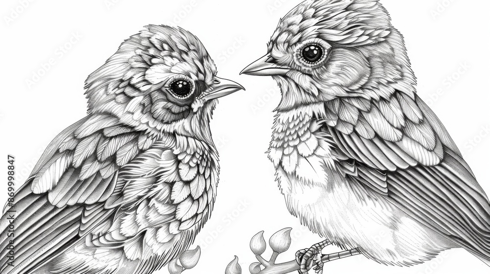 Fototapeta premium A close-up view of two birds drawn in black and white, exhibiting highly detailed and textured feathers, perched closely together on a branch in a natural setting.