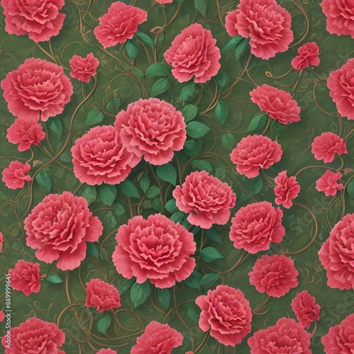 An exquisite illustration featuring a vibrant pattern of peonies in various shades of red and pink. The lush, ruffled petals of the peonies are intricately detailed, showcasing their natural beauty