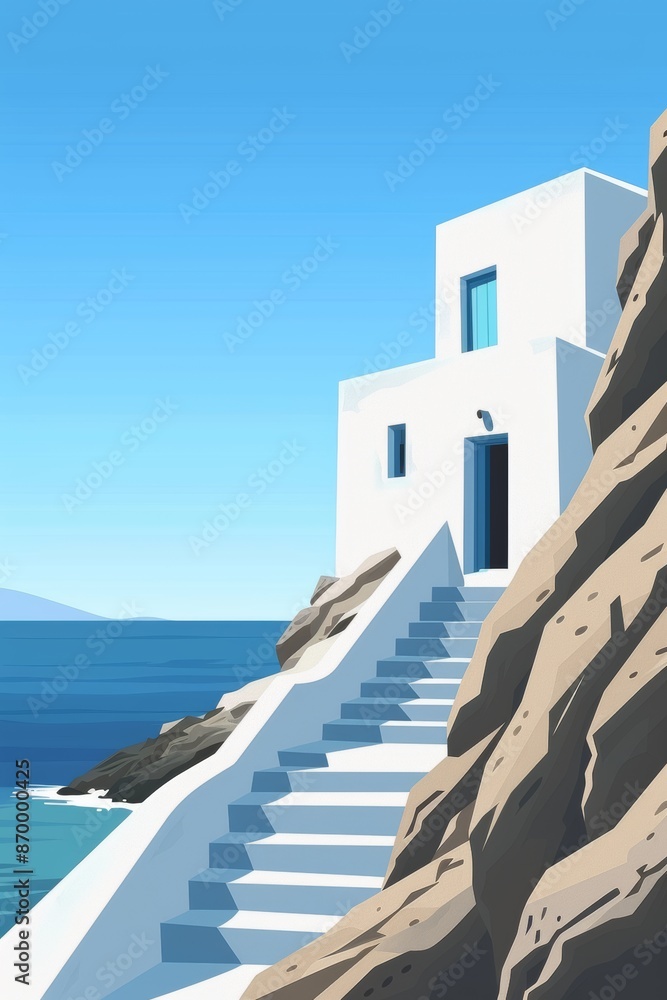 Obraz premium Greek white architecture with a blue window on the top floor of a one level building with stairs leading to entrance door, the stairs leading to the shore of the ocean meeting the sand and the house i