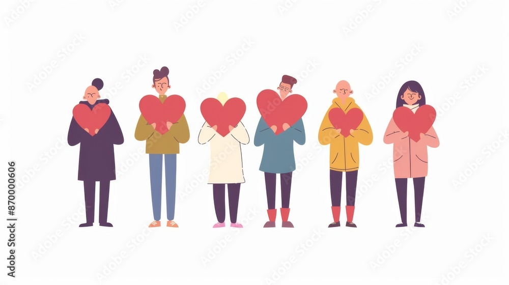 A group of six cartoon characters are stylishly dressed and each is holding a heart, representing love and unity. The image uses flat vector design with vibrant colors. A group of six cartoon characters are stylishly dressed and each is holding a heart, representing love and unity. The image uses flat vector design with vibrant colors.