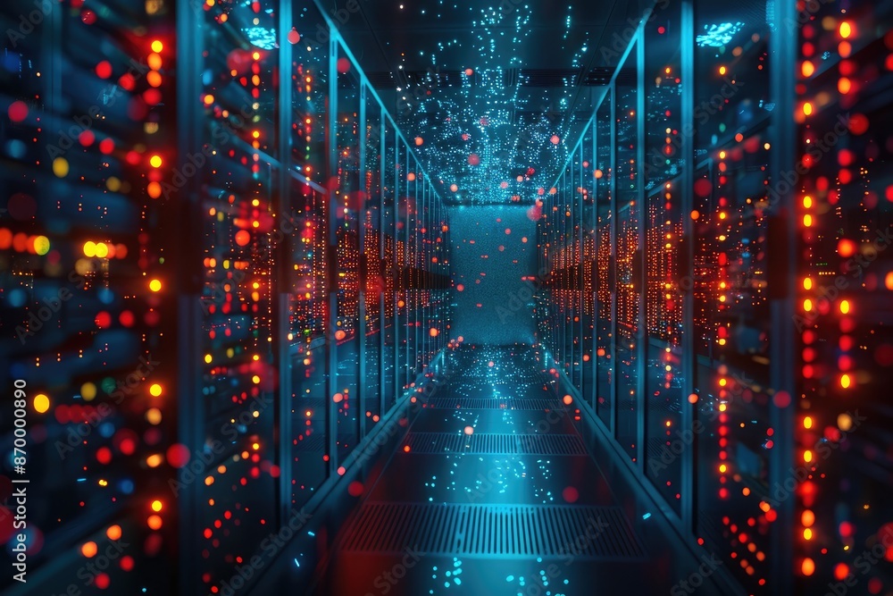 A computer server room with many lights and a blue background. The lights are bright and colorful, creating a lively and energetic atmosphere. The room is filled with rows of servers A computer server room with many lights and a blue background. The lights are bright and colorful, creating a lively and energetic atmosphere. The room is filled with rows of servers
