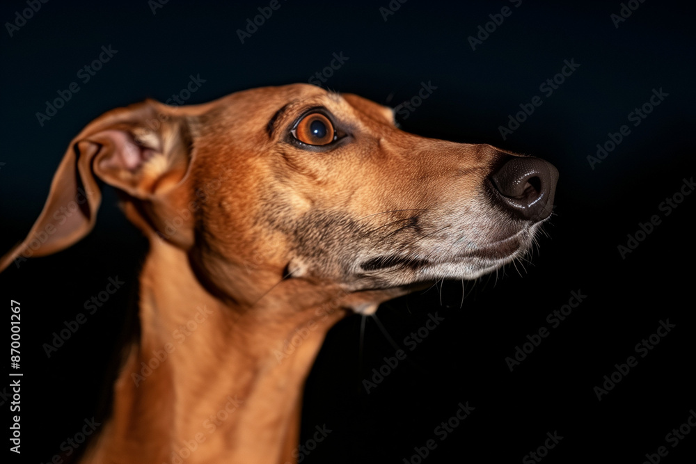 Brown dog in profile view with alert expression against dark background Brown dog in profile view with alert expression against dark background