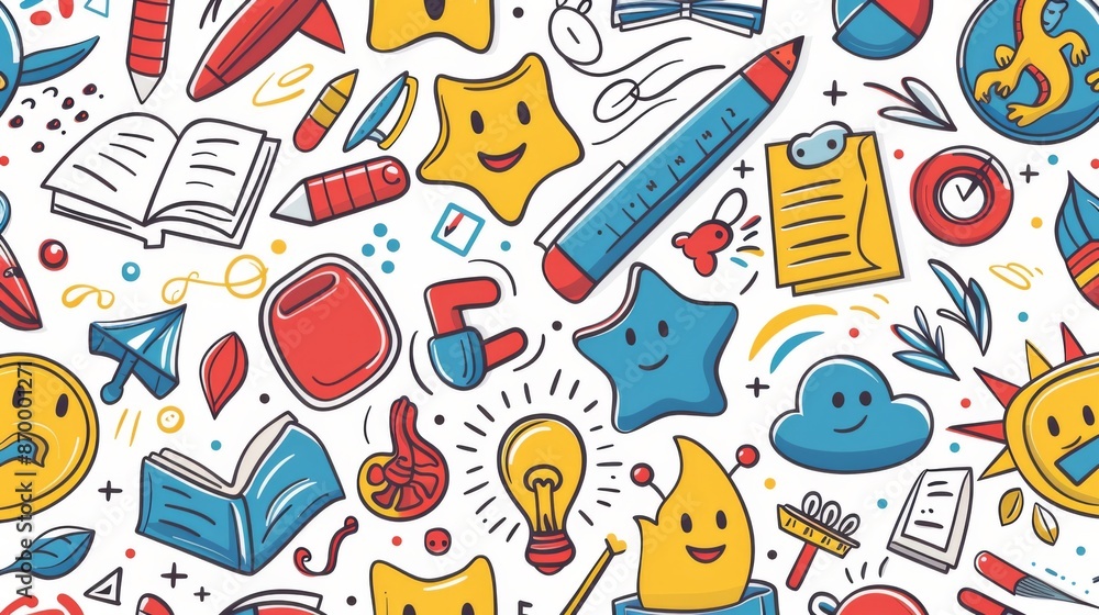 Playful and cheerful pattern containing various educational elements and smiley faces, featuring books, stars, light bulbs, and more on a white background. Perfect for fun designs. Playful and cheerful pattern containing various educational elements and smiley faces, featuring books, stars, light bulbs, and more on a white background. Perfect for fun designs.