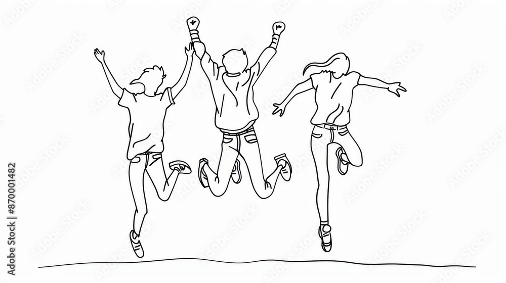 An artistic line drawing portraying three people jumping cheerfully, with their arms raised, suggesting a sense of joy and celebration, captured in a simple, elegant style. An artistic line drawing portraying three people jumping cheerfully, with their arms raised, suggesting a sense of joy and celebration, captured in a simple, elegant style.