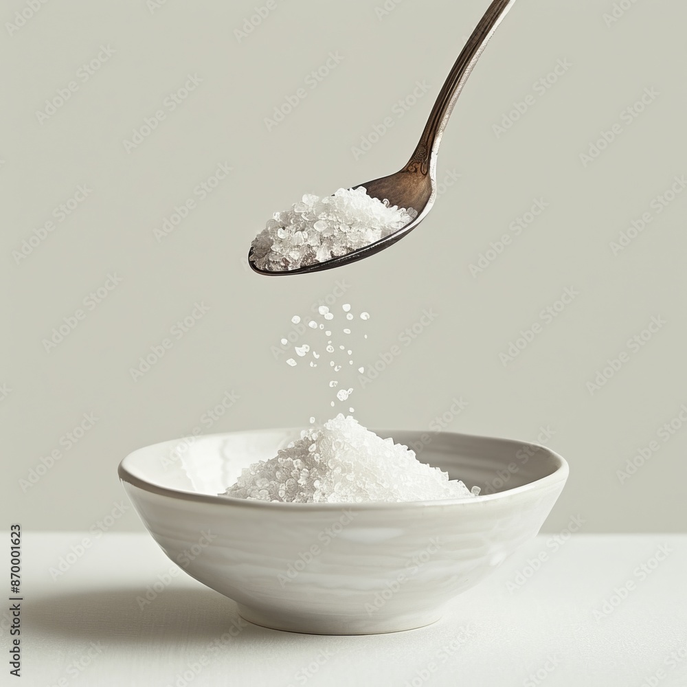 Granulated white sugar piled in a white bowl with a spoonful hovering above, emphasizing texture and detail, perfect for food-related designs, print, or digital use. Granulated white sugar piled in a white bowl with a spoonful hovering above, emphasizing texture and detail, perfect for food-related designs, print, or digital use.