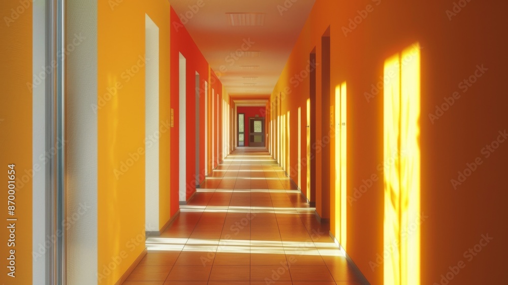 Fototapeta premium A well-lit hallway featuring brightly colored walls in shades of orange, white, and yellow with light tiles on the floor leading to several doors.