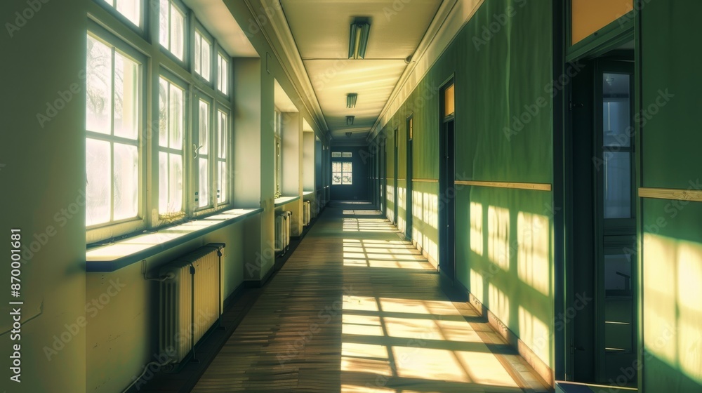 An inviting green-walled hallway with large windows letting in sunlight, casting shadows through the corridor with a wooden floor leading to open doors. An inviting green-walled hallway with large windows letting in sunlight, casting shadows through the corridor with a wooden floor leading to open doors.