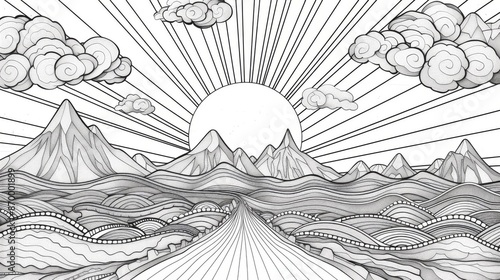A captivating black-and-white illustration showing the sun rising behind mountains, rays of sunlight spreading across an abstract landscape, creating a mesmerizing effect.