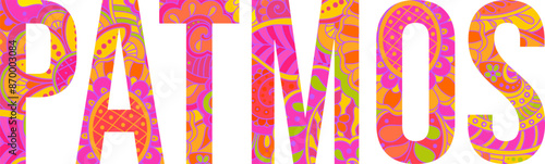 Patmos island text title with floral doodle pattern. Unique place name vector design, use for article header, merch print, travel blog, postcard, wall art print  .