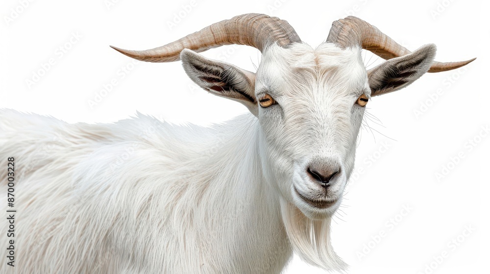 white goat isolated on plain background detailed fur texture curved horns alert expression farm animal portrait domestic livestock rustic charm white goat isolated on plain background detailed fur texture curved horns alert expression farm animal portrait domestic livestock rustic charm