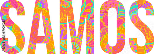 Samos island text title with floral doodle pattern. Unique place name vector design, use for article header, merch print, travel blog, postcard, wall art print  .