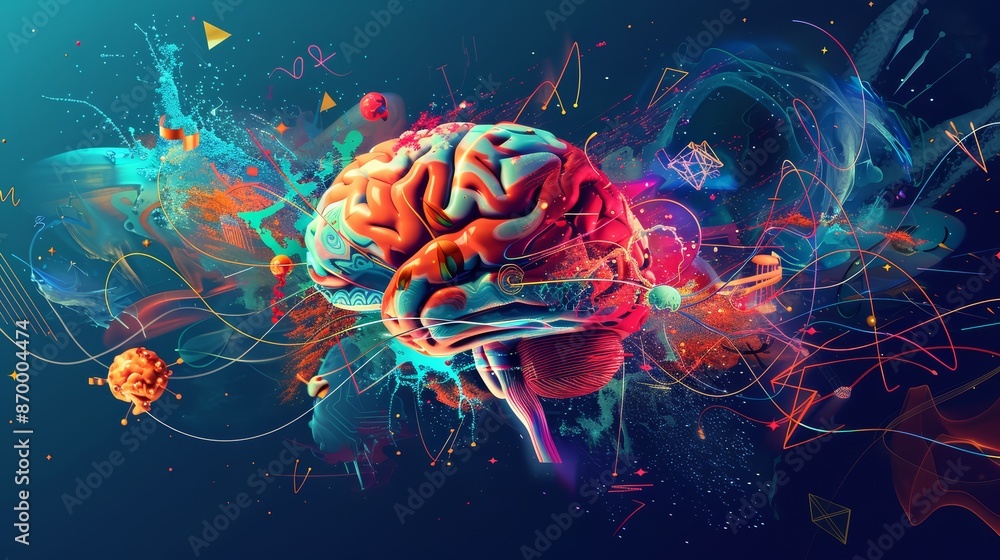 Naklejka premium A graphic design featuring a brain with tendrils of energy radiating outwards
