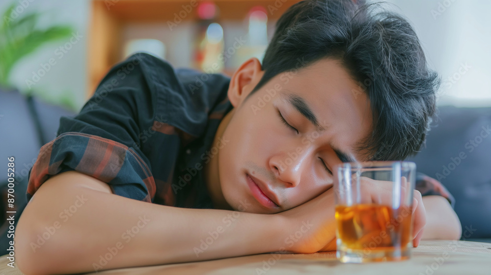 Health care alcoholism drunk, fatigue asian young man holding glass of whiskey, depressed male drink booze, sleep on table at home. Treatment of alcohol addiction, suffer abuse problem alcoholism Health care alcoholism drunk, fatigue asian young man holding glass of whiskey, depressed male drink booze, sleep on table at home. Treatment of alcohol addiction, suffer abuse problem alcoholism