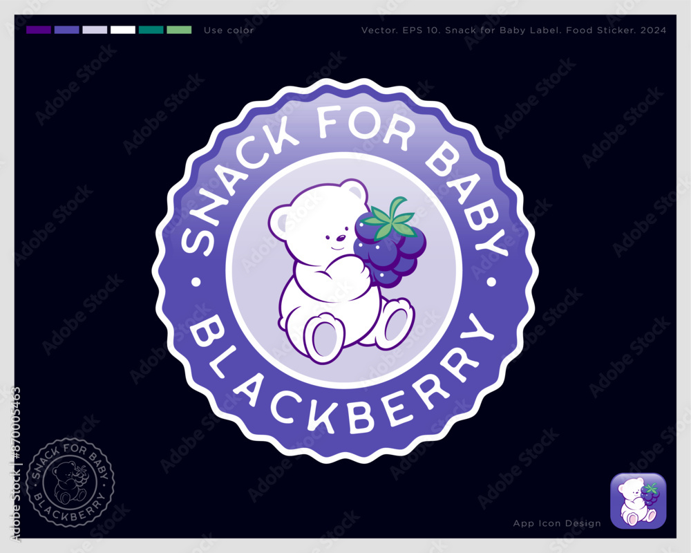 Fototapeta premium Baby food label. Food sticker, round label with wavy edges. Identity, used color. White teddy bear with a blackberry.