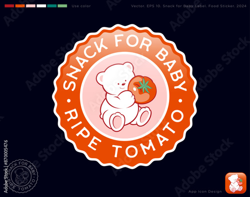 Baby food label. Food sticker, round label with wavy edges. Identity, used color. White teddy bear with a tomato.