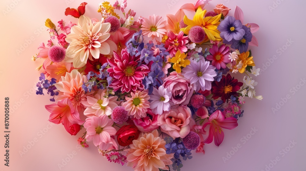 A heart-shaped flower arrangement, with blossoms in various shades of pink, red, yellow, and purple A heart-shaped flower arrangement, with blossoms in various shades of pink, red, yellow, and purple