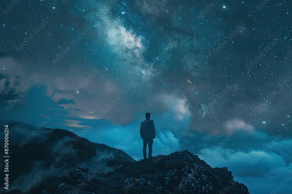 Fototapeta premium A man stands on a mountain top, looking up at the stars. The sky is dark and cloudy, with a few stars visible. Scene is peaceful and contemplative, as the man takes in the beauty of the night sky