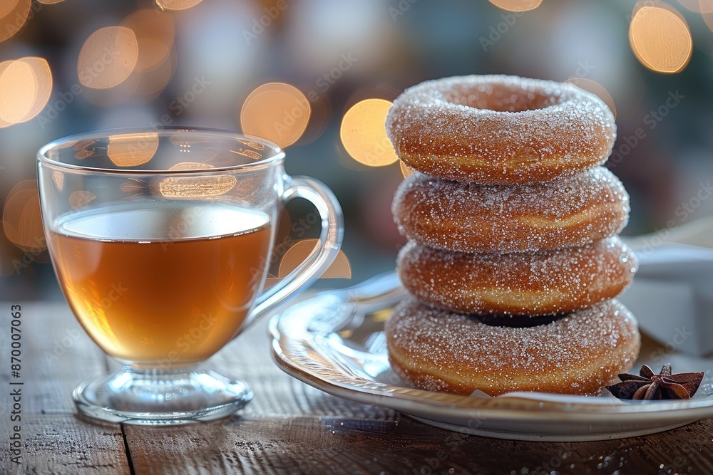 A plate of donuts sits on a wooden table next to a cup of tea. The donuts are sprinkled with sugar and the tea is steaming. Concept of comfort and indulgence A plate of donuts sits on a wooden table next to a cup of tea. The donuts are sprinkled with sugar and the tea is steaming. Concept of comfort and indulgence