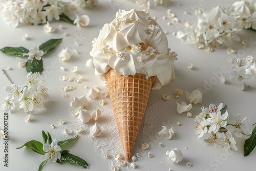 White Ice Cream Cone With Flowers and Sprinkles