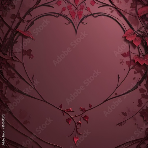 A sophisticated illustration featuring an elegant heart-shaped frame formed by intertwining dark red vines and leaves against a rich, muted red background