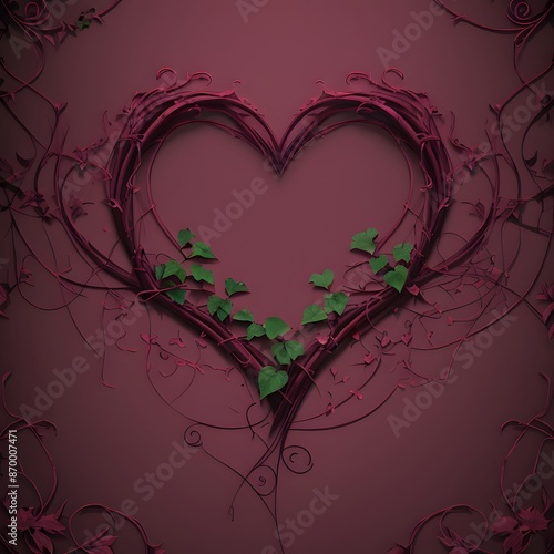 A sophisticated illustration featuring an elegant heart-shaped frame formed by intertwining dark red vines and leaves against a rich, muted red background