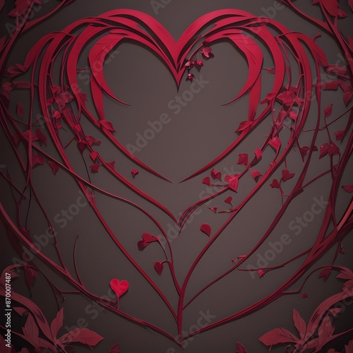 A sophisticated illustration featuring an elegant heart-shaped frame formed by intertwining dark red vines and leaves against a rich, muted red background