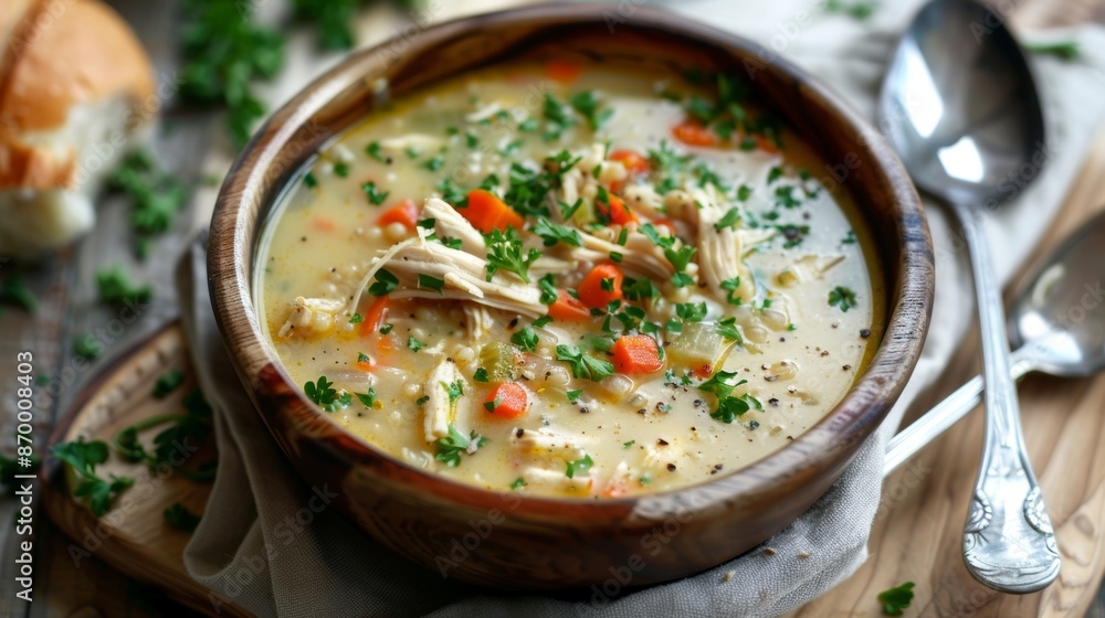 A creamy buckwheat and chicken soup with a hint of e and a sprinkle of fresh herbs. A creamy buckwheat and chicken soup with a hint of e and a sprinkle of fresh herbs.
