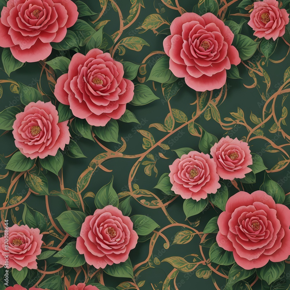 An exquisite illustration showcasing a pattern of vibrant pink roses interwoven with golden vines and lush green leaves against a dark green background An exquisite illustration showcasing a pattern of vibrant pink roses interwoven with golden vines and lush green leaves against a dark green background