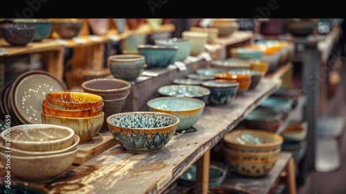 Display of ceramic bowls at a market