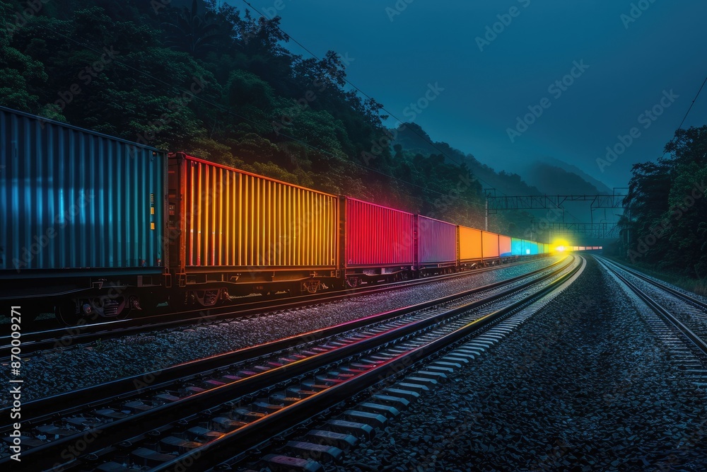 A train with colorful cars is traveling down a track. The colors of the cars are bright and vibrant, creating a sense of energy and excitement. The train is moving quickly A train with colorful cars is traveling down a track. The colors of the cars are bright and vibrant, creating a sense of energy and excitement. The train is moving quickly