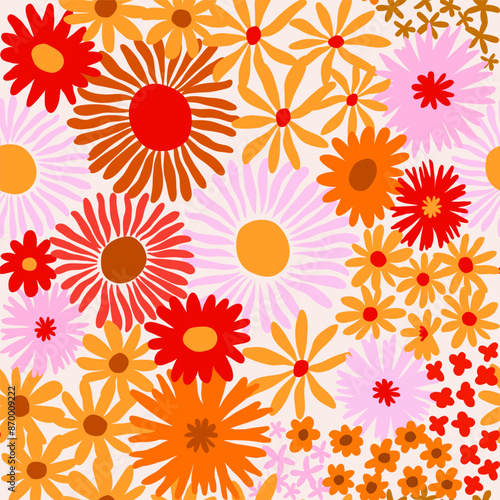 Colorful cute floral seamless pattern. Vector meadow background with various groovy flowers. Summer abstract wallpaper. Red, yellow, golden, orange, pink colour palette.