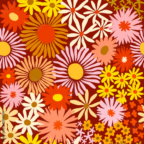 Colorful cute floral seamless pattern. Vector meadow background with various groovy flowers. Summer abstract wallpaper. Red, yellow, golden, orange, pink colour palette.